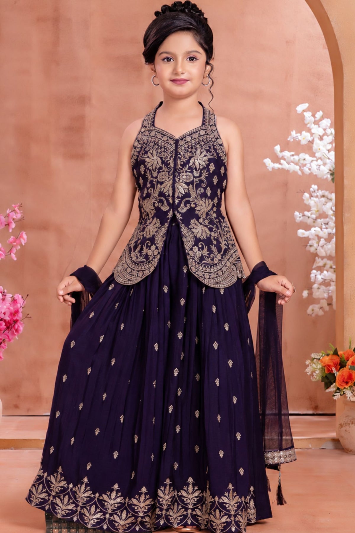 Girls Purple Gold Embroidered Palazzo Set With Dupatta
