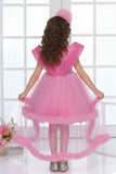 Pink Layered High-Low Tulle Party Frock with Shoulder Pleats For Girls