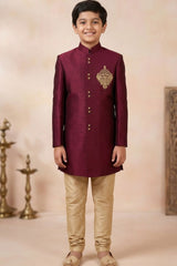 Elegant Boys Wine Sherwani with Gold Motif Embroidery And Pyjama Set