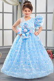 Sky Blue One-Shoulder Bow Party Gown for Girls