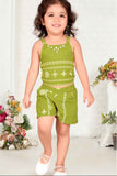 Stylish Green Thread Work Top And Shorts Set For Girls