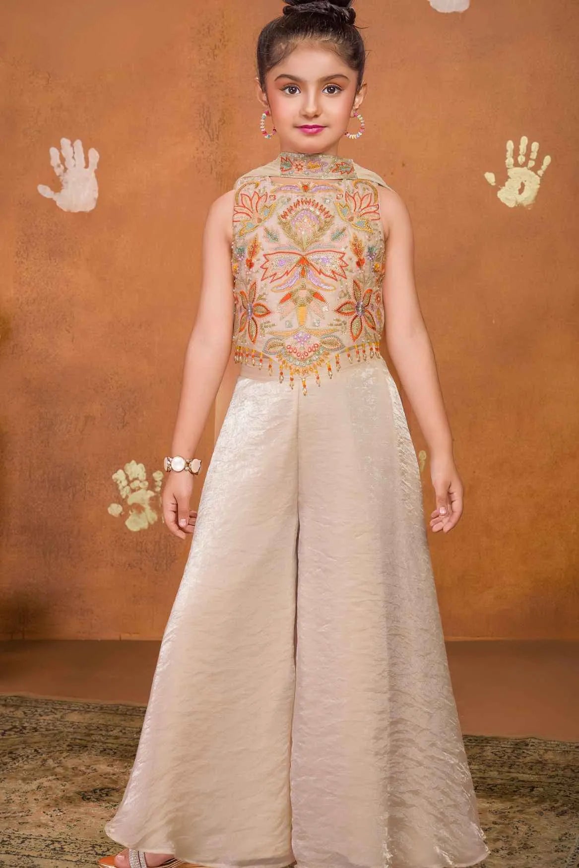 Cream Embroidered Palazzo Set For Girls