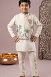 Boys Beige Kurta Pajama Set with Green Floral Printed Nehru Jacket