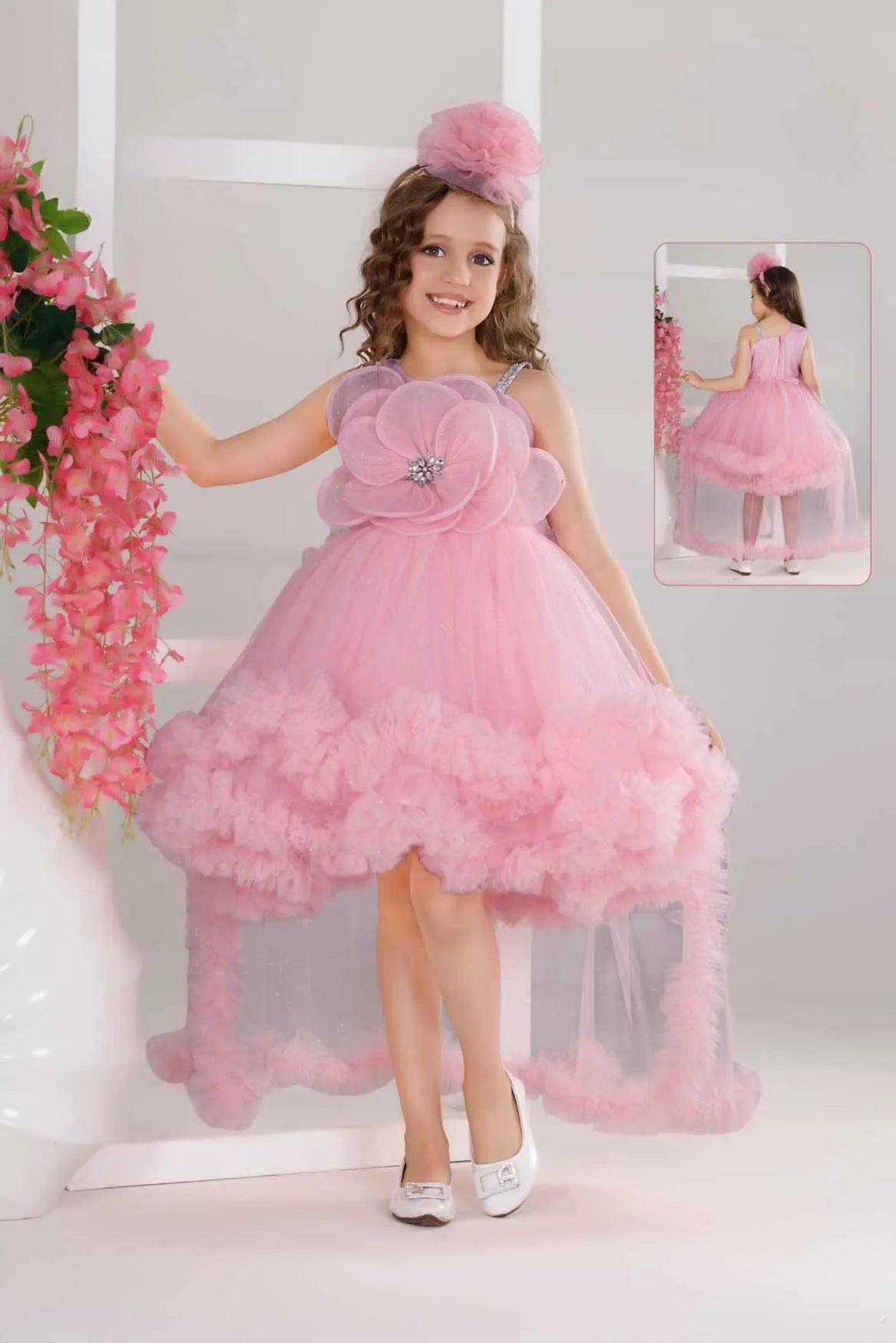Pink High-Low Party Frock With 3D Floral Appliqué For Girls