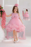 Pink High-Low Party Frock With 3D Floral Appliqué For Girls