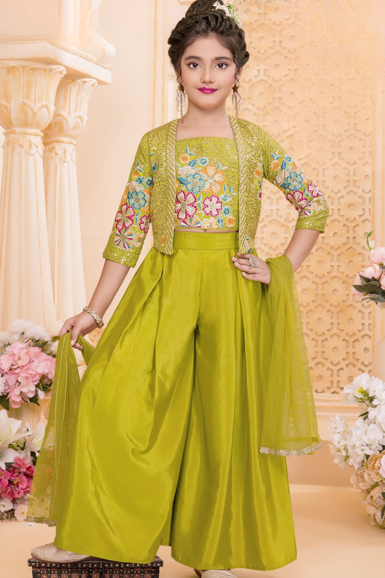 Girls Green Embroidered Palazzo Set With Jacket And Dupatta