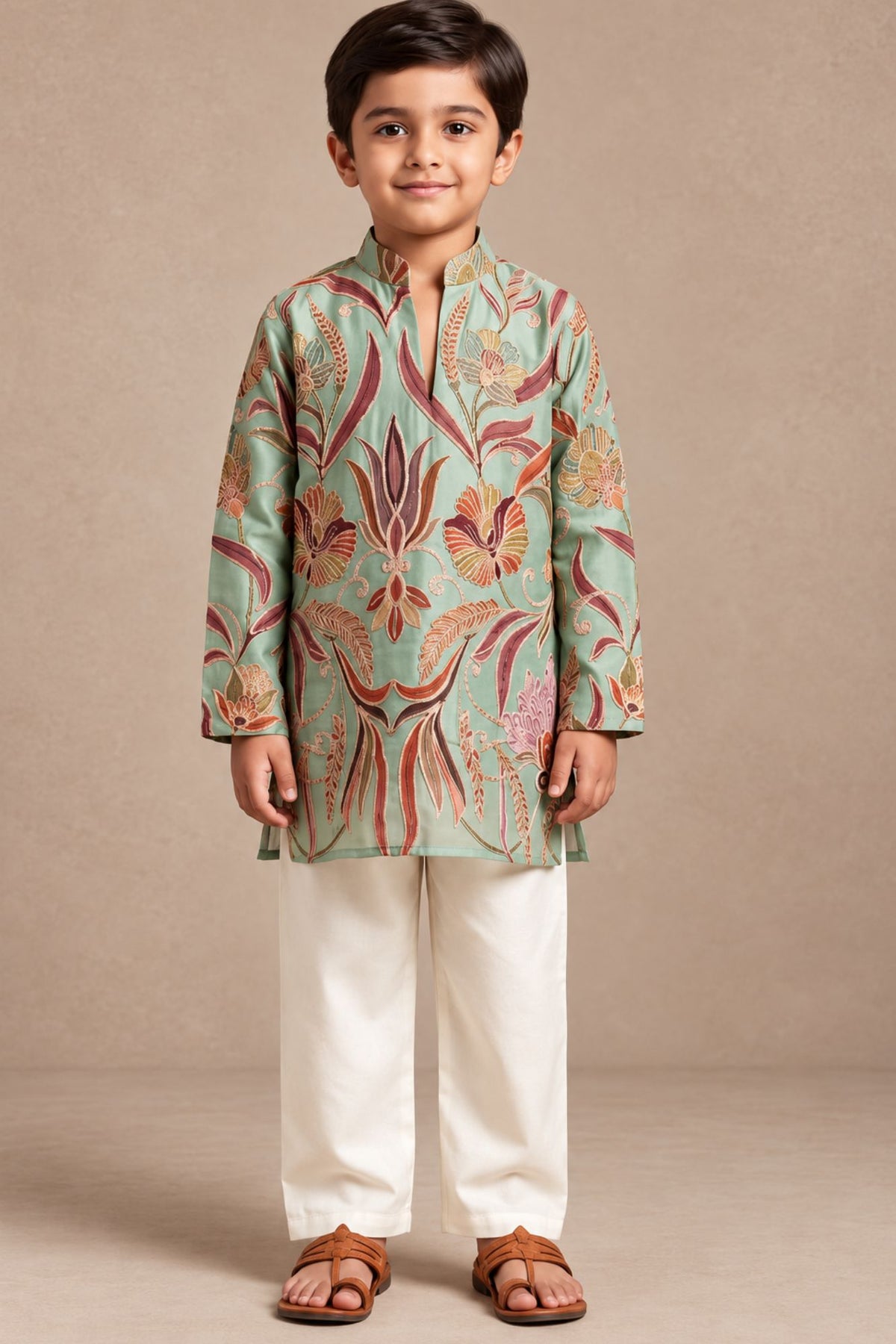 Boys Elegant Pista Green Floral Printed Kurta Set