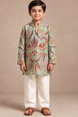 Boys Elegant Pista Green Floral Printed Kurta Set
