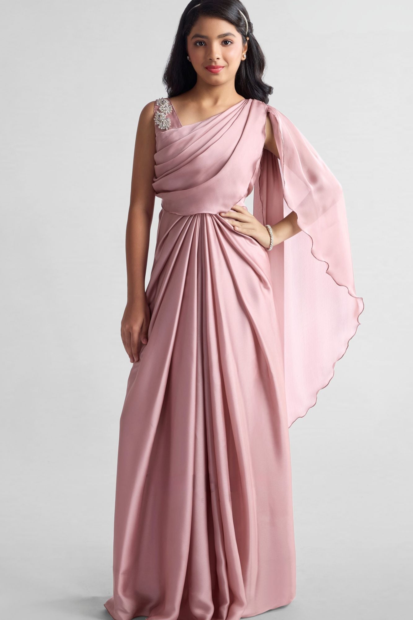Light Pink Pre-Draped Saree Gown with Embellished Strap For Girls