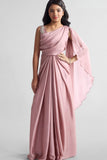 Light Pink Pre-Draped Saree Gown with Embellished Strap For Girls