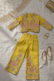 Golden Yellow Embroidered Ethnic Co-Ord Set With Jacket  For Girls
