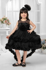 Black Sleeveless And Sequins Worked With Floral Embellished Tail Back Frock For Girls