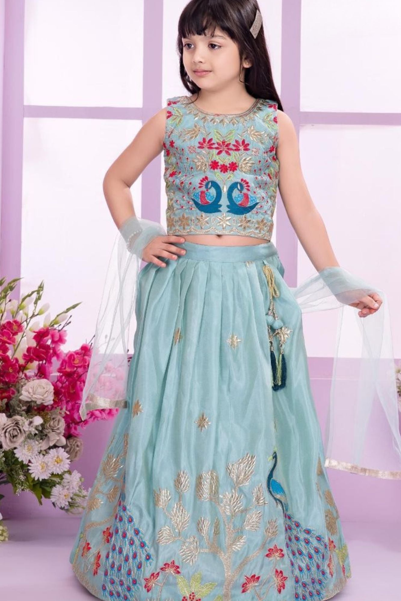 Elegant Aqua Blue Embroidered Lehenga Choli with Dupatta For Girls