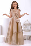 Designer Fawn Bow Embellished Layered Organza Party Wear Gown For Girls