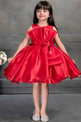 Designer Red Sleeveless And Floral Embellished Frock For Girls