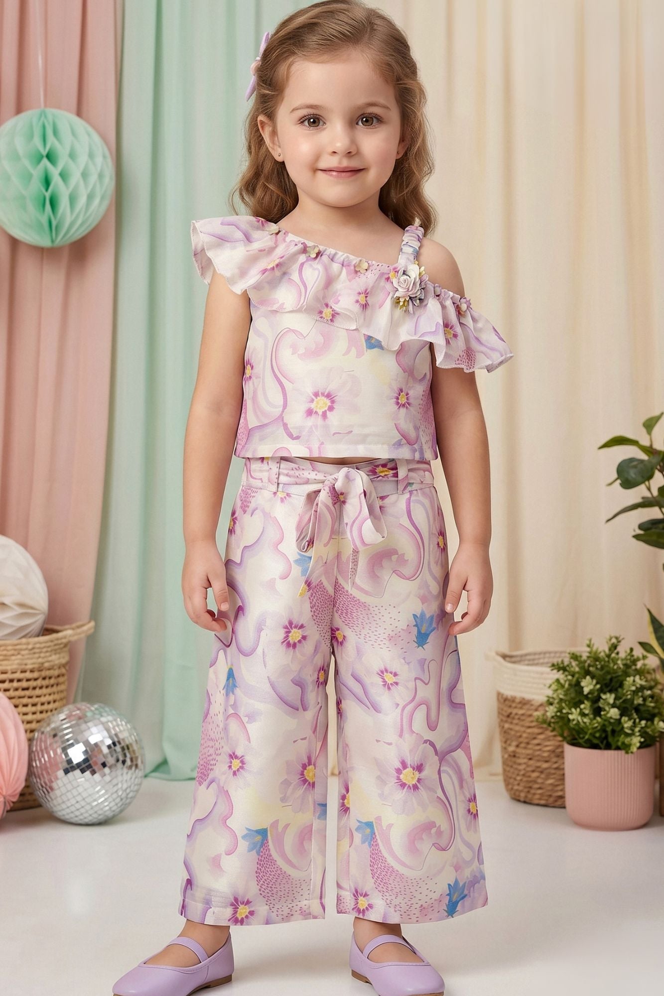 Girls Lilac Floral Printed One-Shoulder Co-Ord Set with Wide-Leg Pants