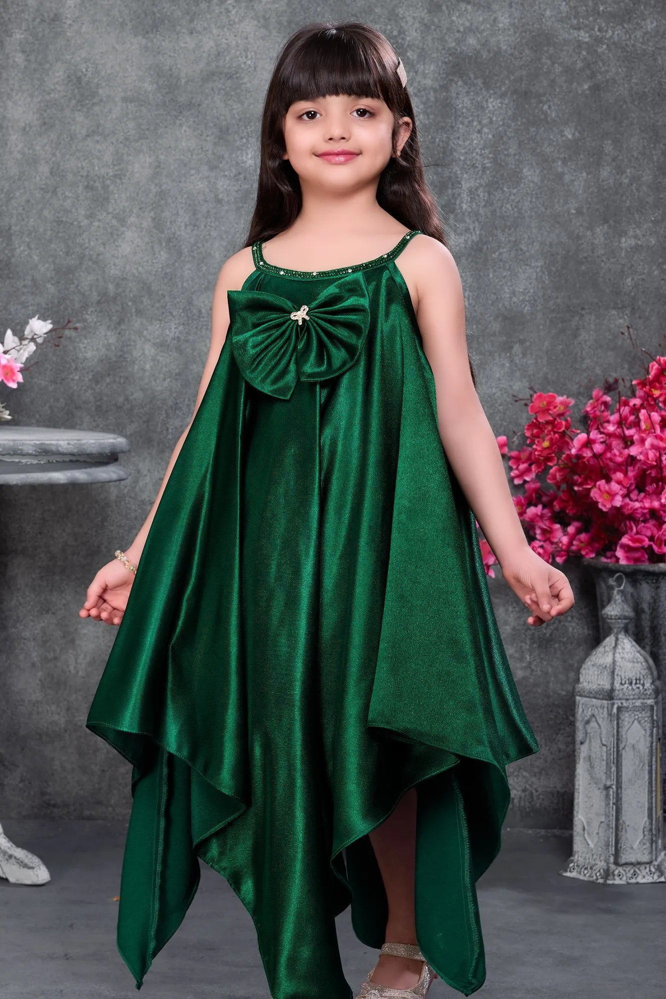 Emerald Green Party Wear High-Low Frock with Bow Detail For Girls  Lagorii  Kids