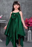 Emerald Green Party Wear High-Low Frock with Bow Detail For Girls