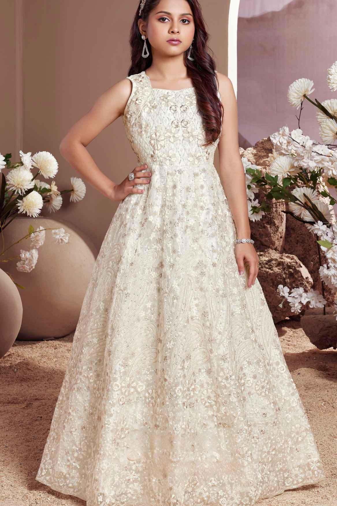 Cream Embroidered Party Wear Gown With Sequin Work For Girls