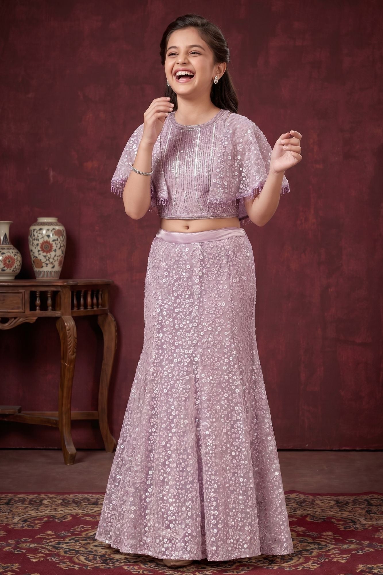 Lavender Sequin Embroidered Cape Style Lehenga Choli For Girls