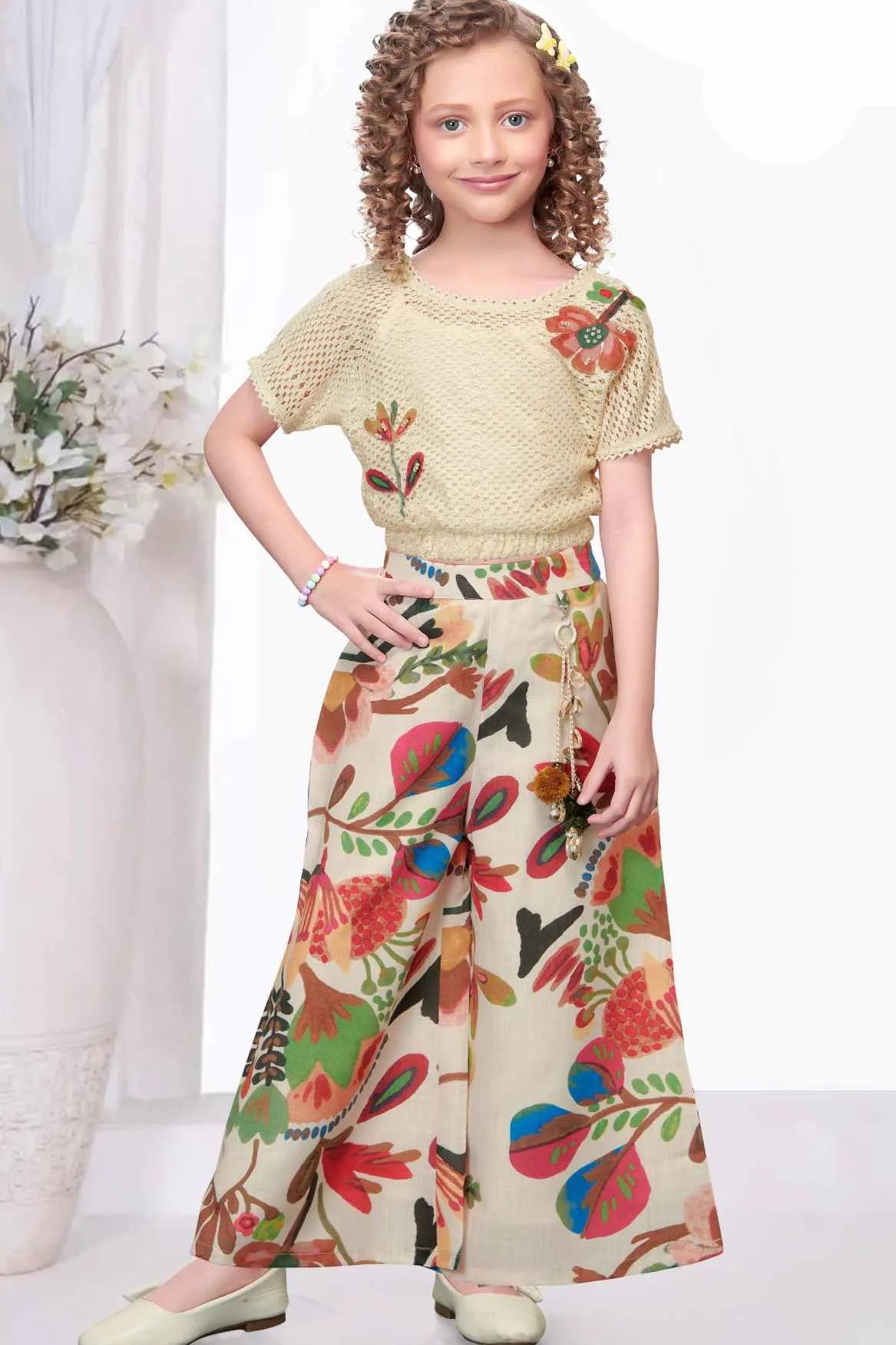 Beige Crochet Top with Multicolor Wide-Leg Pants Set For Girls