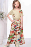 Beige Crochet Top with Multicolor Wide-Leg Pants Set For Girls