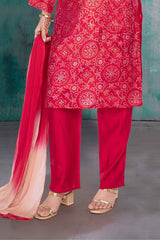 Red Mirror Work And Printed Ethnic Kurta Set For Girls