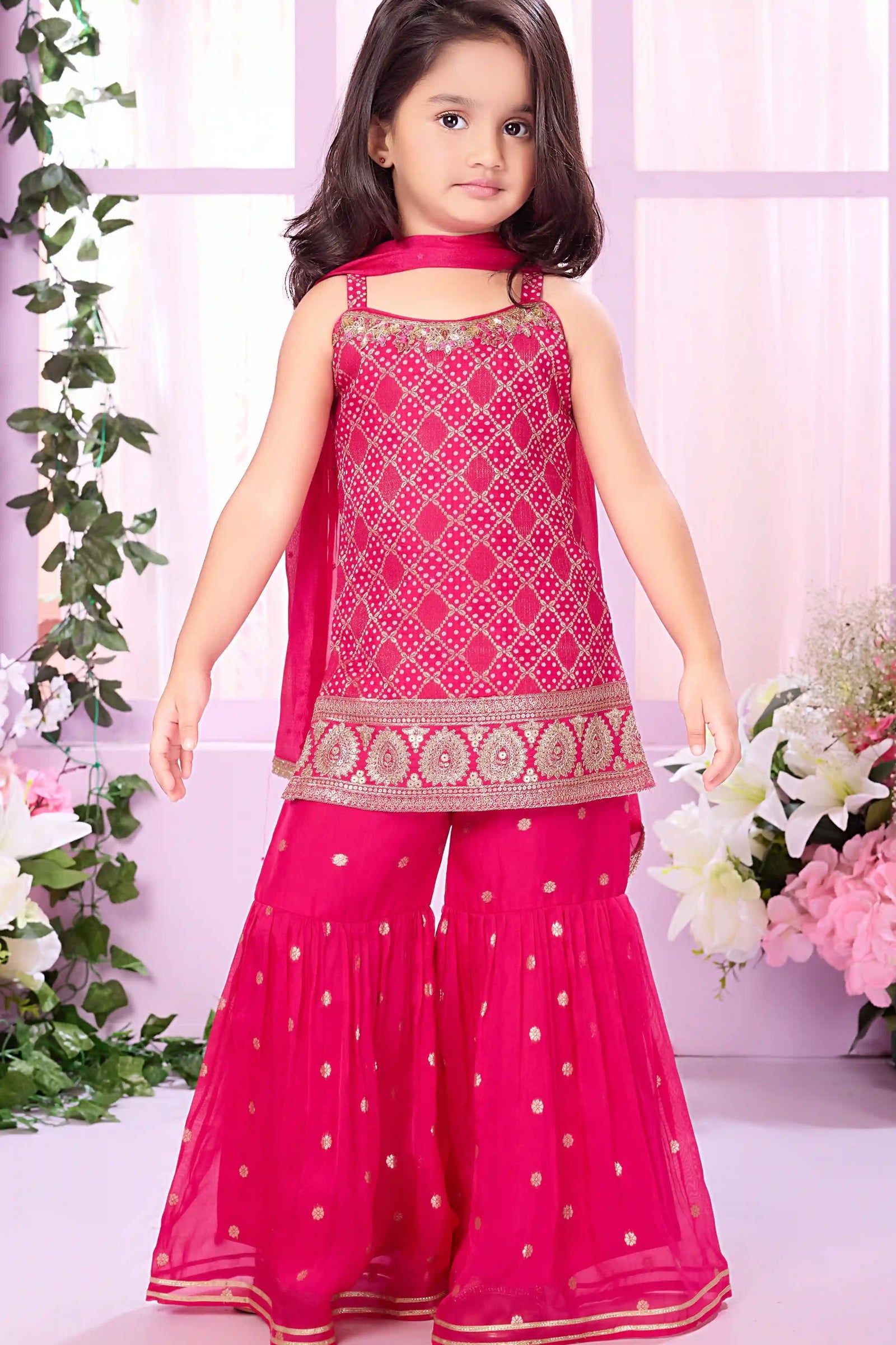 Hot Pink Embroidered Sharara Set with Sleeveless Kurti And Dupatta For Girls