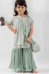 Pista Green Embroidered And Mirror Work Top With Sharara Set For Girls