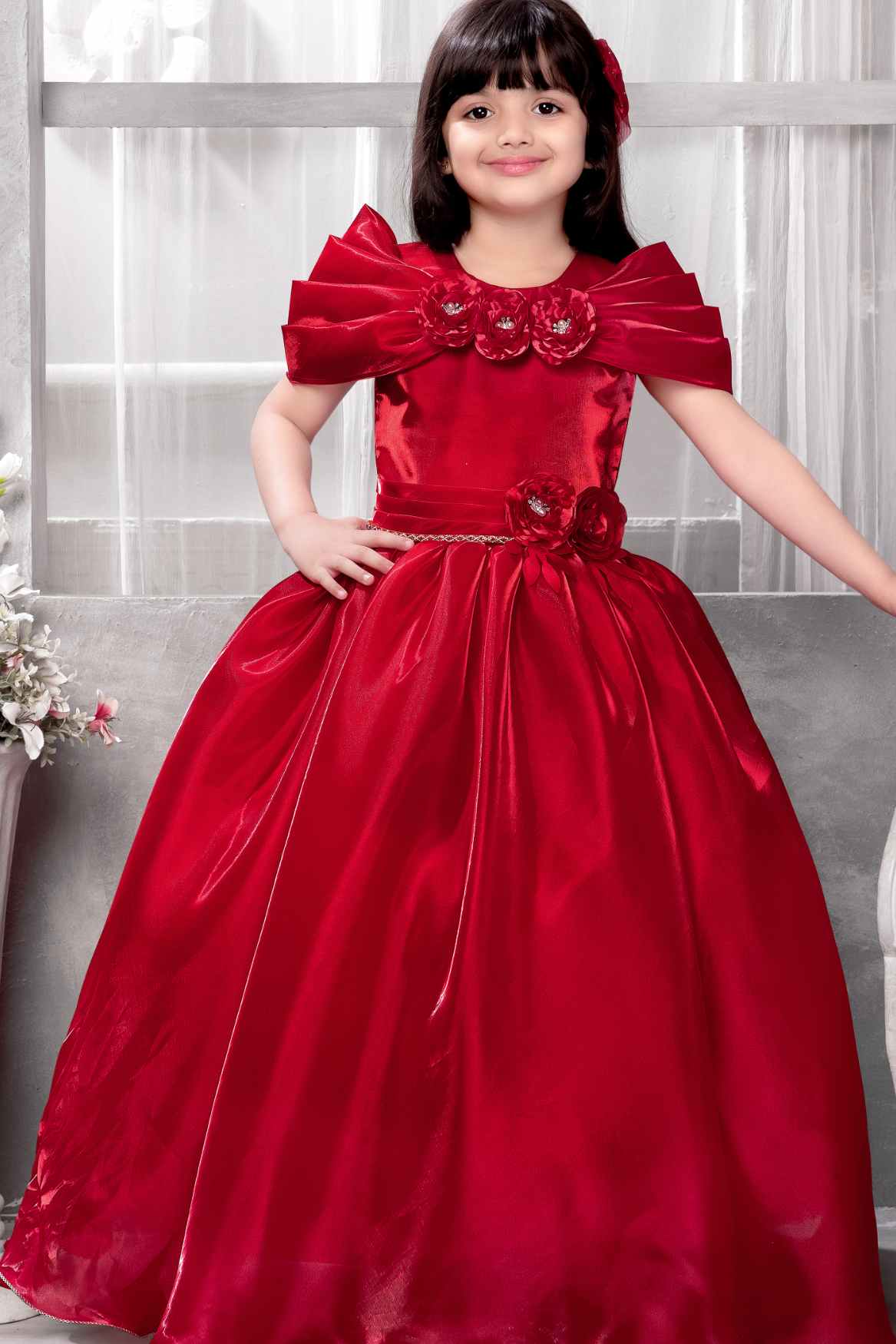 Red Gown With Floral Embellished And Pearl For Girls