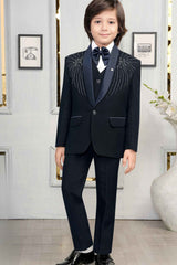 Navy Blue Bead Work Tuxedo With Pant And Waistcoat Set For Boys