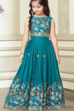 Teal Blue Floral Embroidered Ethnic Lehenga Choli for Girls