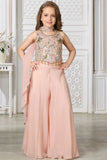 Girls Peach Sequin Embroidered Halter Neck Palazzo Set with Dupatta