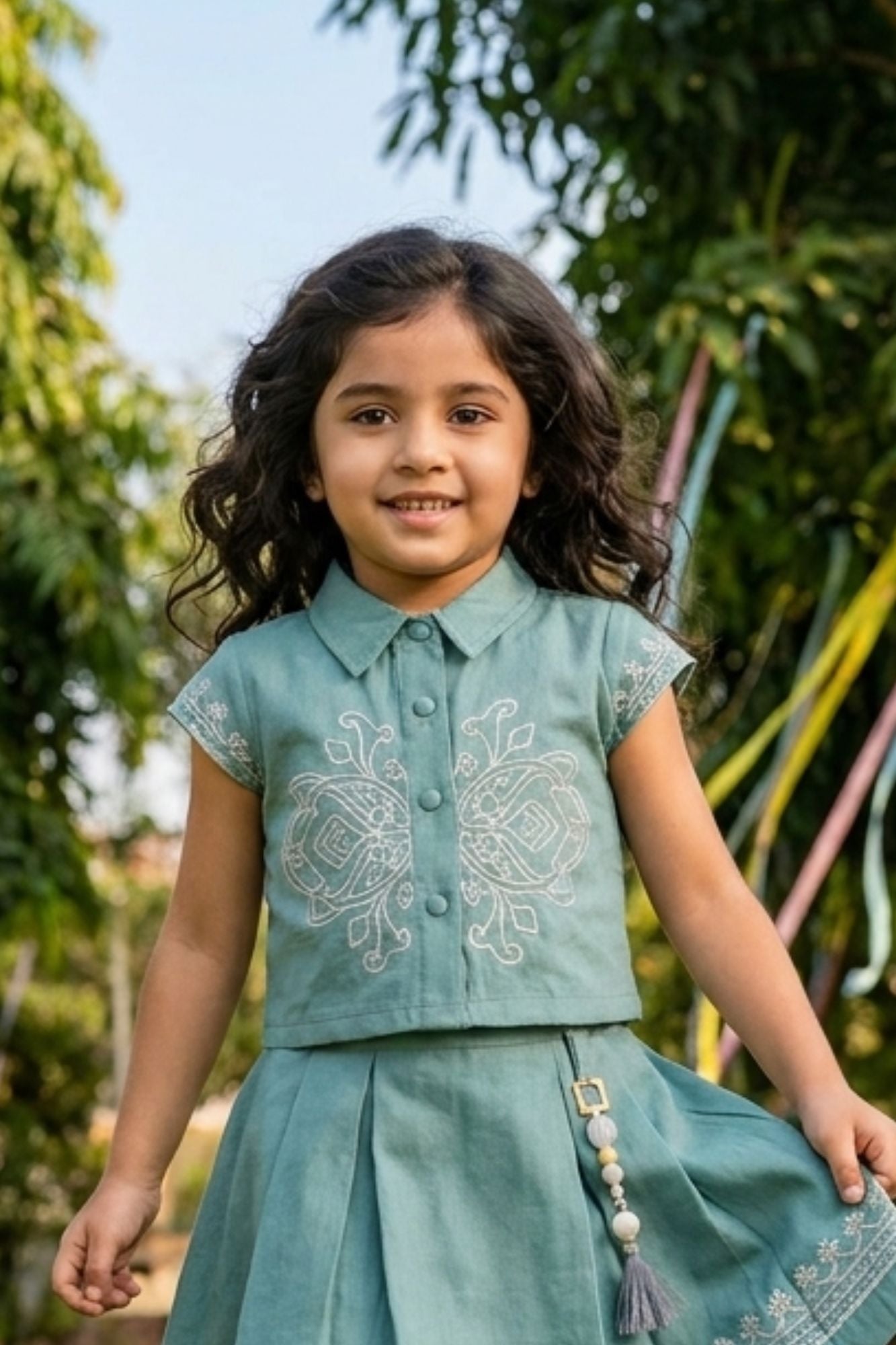 Girls Green Embroidered Shirt Top and Pleated Skirt Co-Ord Set