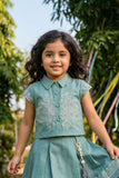 Girls Green Embroidered Shirt Top and Pleated Skirt Co-Ord Set
