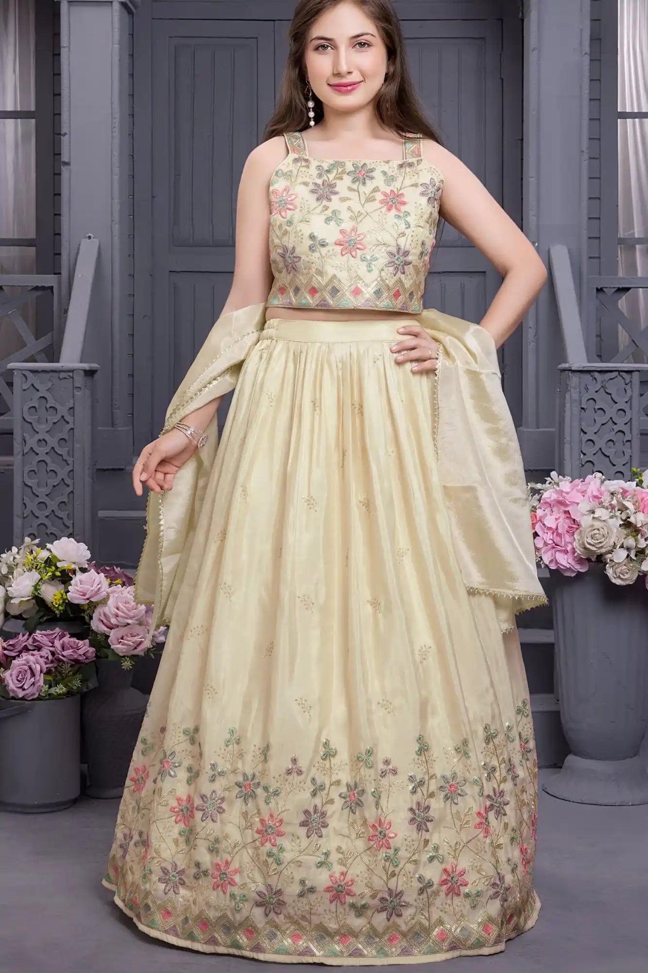 Elegant Cream Embroidered Lehenga Choli with Dupatta For Girls