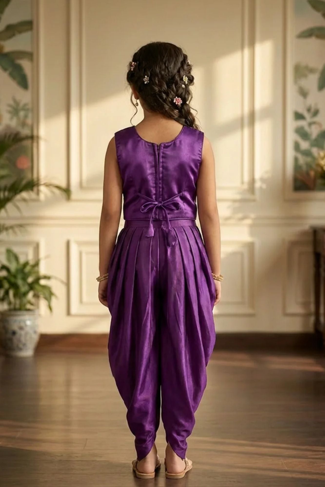 Purple Dhoti Set with Printed Cape Dupatta For Girls