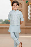 Sky Blue Full Sleeves Kurta With Embroidered Waist Coat Set For Boys