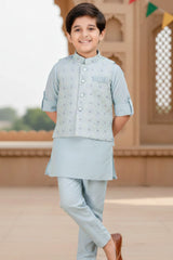 Sky Blue Full Sleeves Kurta With Embroidered Waist Coat Set For Boys