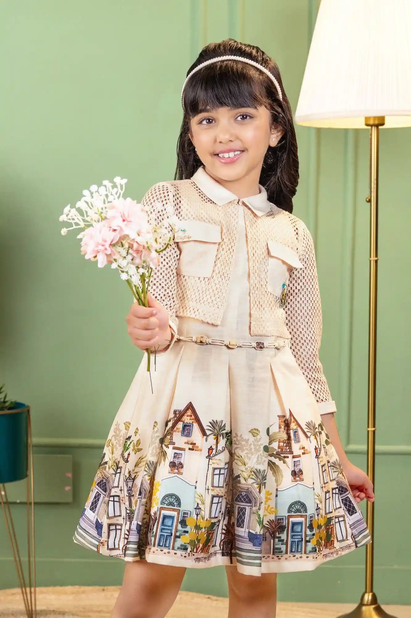 Dreamy Cream Cityscape Dress for Girls