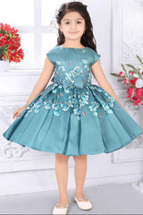 Floral Printed Blue Partywear Frock For Girls