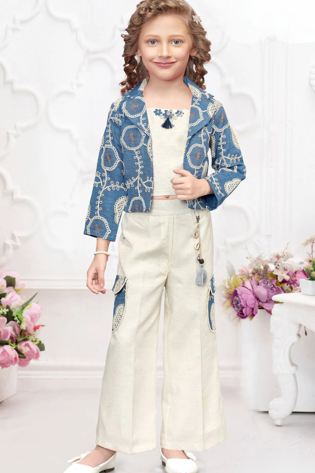 Blue Embroidered Jacket & Cream Co-Ord Set For Girls