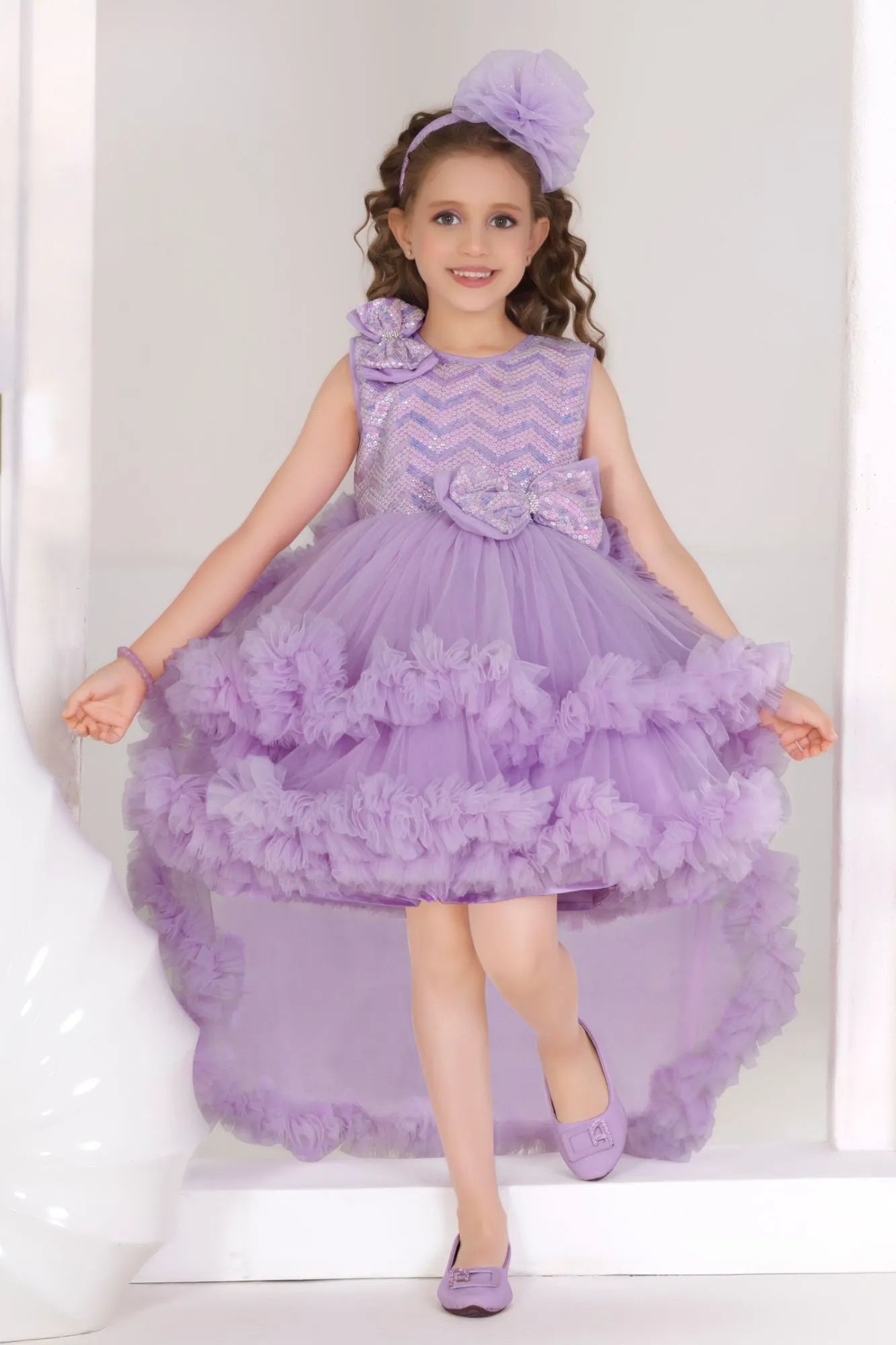 Lavender Sequin Bow With High-Low Ruffle Party Frock For Girls