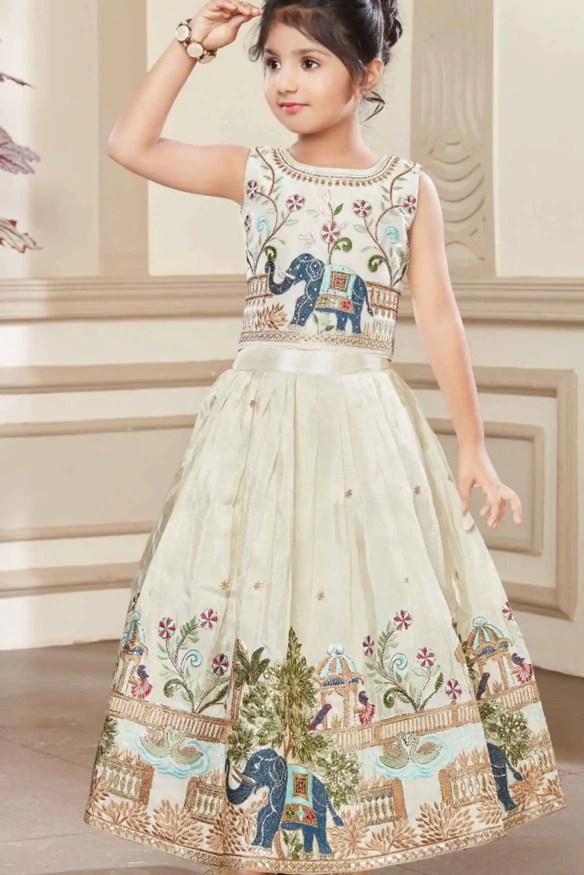 Cream Sleeveless Choli And Lehenga Set With Elephant Motifs Zari Embroidery For Girls