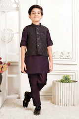 Wine Full Sleeves Kurta With Sequin Embroidered Waist Coat Set For Boys