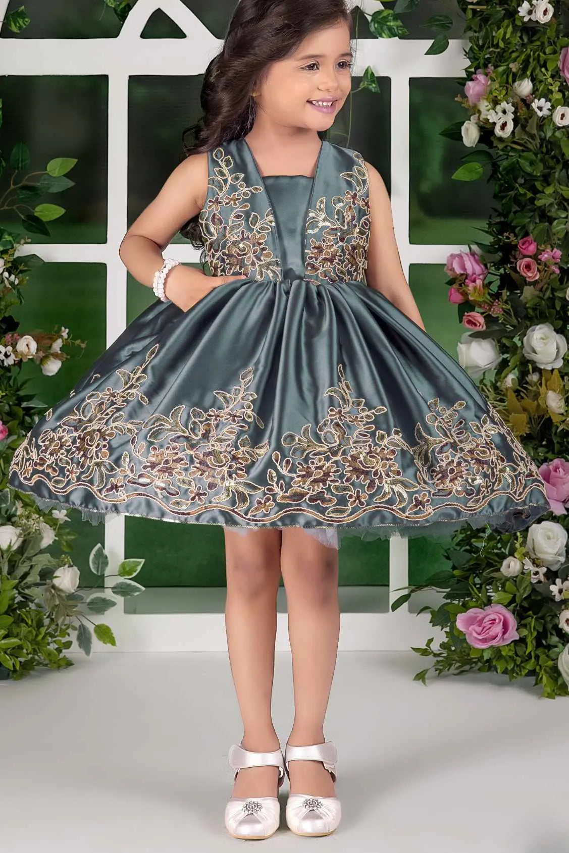 Grey Embroidered Party Frock with Flared Skirt For Girls