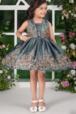 Grey Embroidered Party Frock with Flared Skirt For Girls