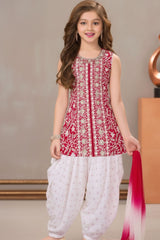 Rani Pink Embroidered Patiala Suit Set With Dupatta For Girls