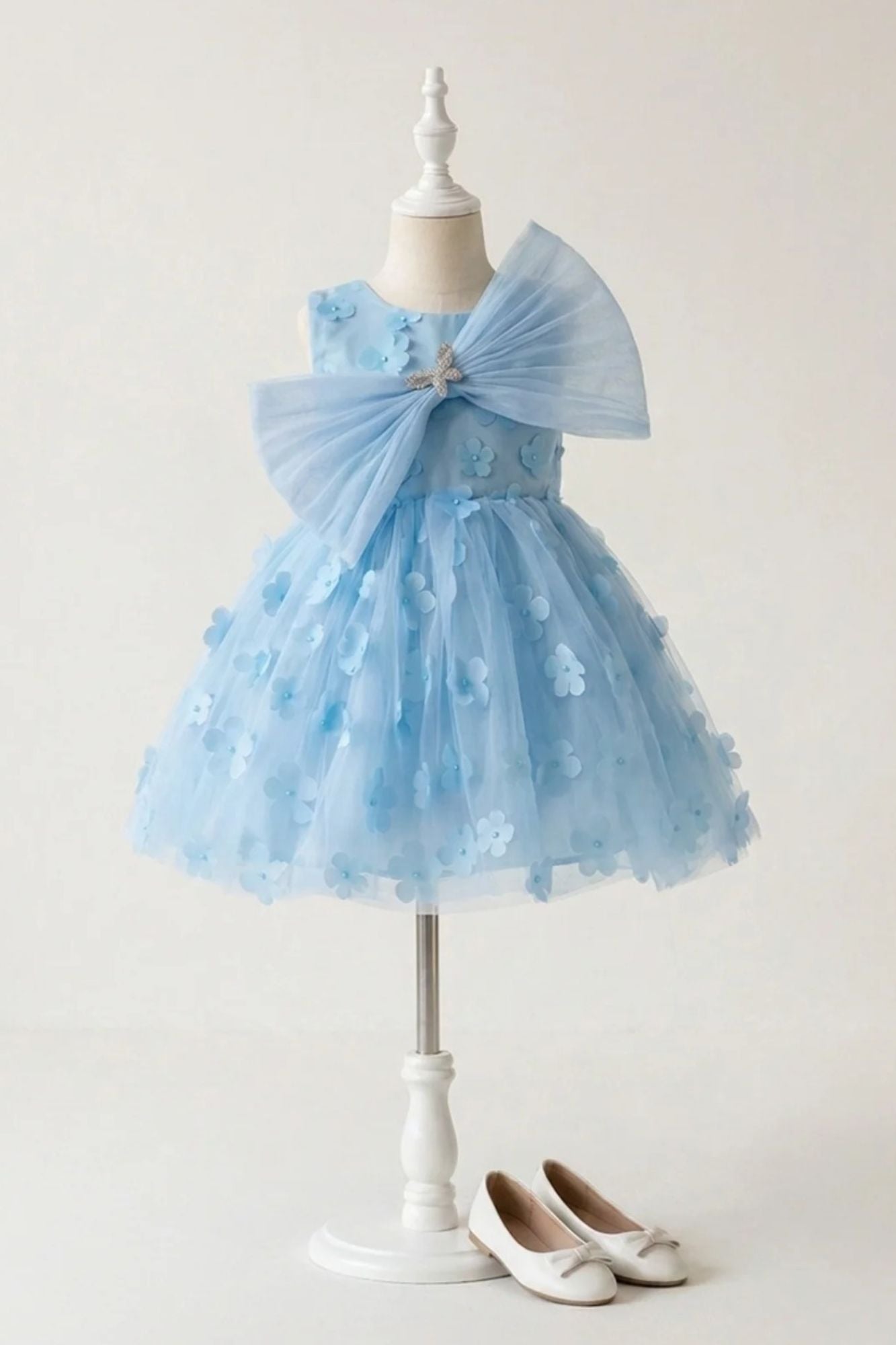 Blue 3D Floral Embellishments Party Wear Frock For Girls