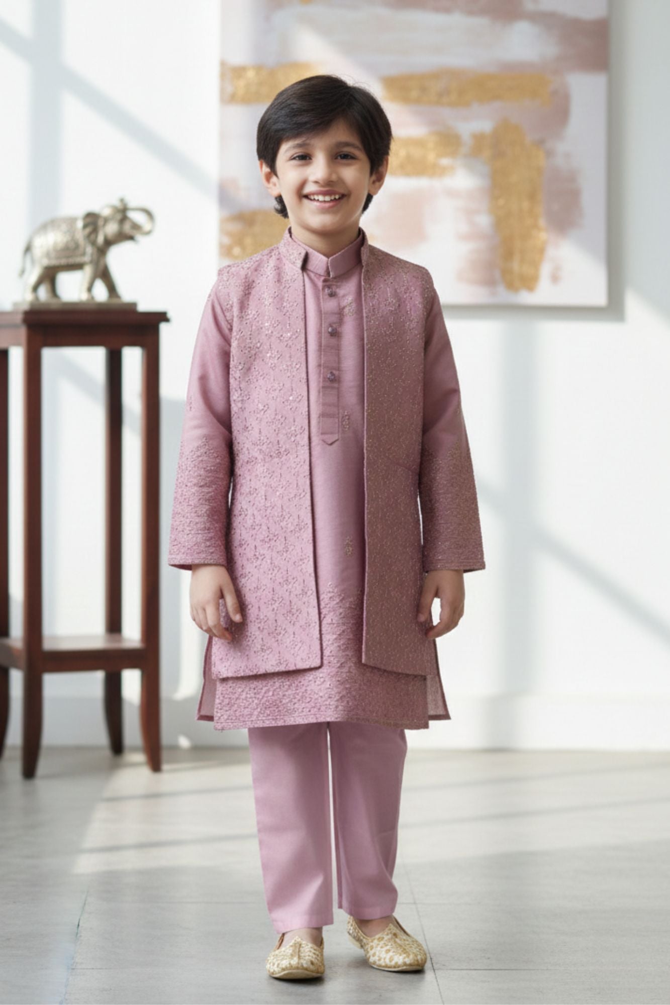 Onion Pink Embroidered Kurta Pyjama Set with Jacket For Boys